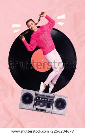 Photo creative collage retro poster artwork of positive joyful lady dance freestyle hiphop isolated on drawing background