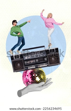 Photo creative drawing picture poster postcard collage of happy people dancing together isolated on painted background