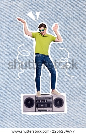 Vertical collage picture of excited mini guy stand huge boombox dancing isolated on creative background