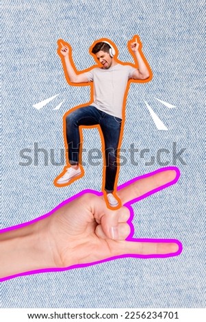 Photo picture poster postcard retro collage of overjoyed man rocker dancing big arm fingers gesture sign isolated on painted background