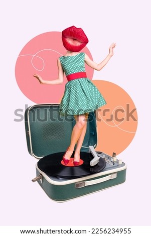 Vertical creative photo 3d collage poster picture artwork of pretty lady stand turning vinyl disk isolated on drawing background