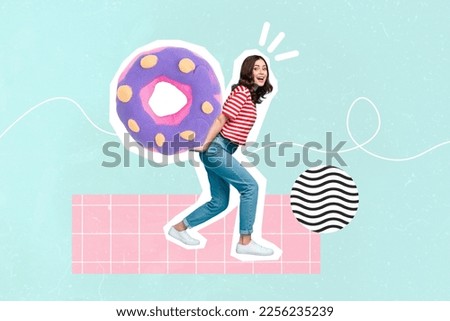 Creative poster magazine poster of lady with sweet sugar temptation go hold huge sprinkles fresh glazed donut