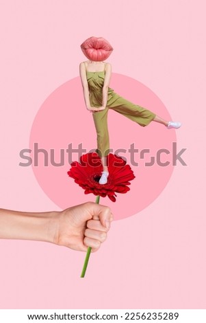 Vertical collage picture of arm hold mini girl lips instead head stand flower isolated on drawing pink background
