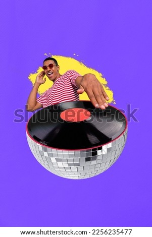 Purple bright vertical photo collage poster picture of joyful cheerful guy have fun chill night club isolated on painted background