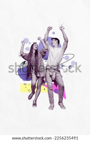 Photo collage sketch artwork poster postcard of joyful lovely couple god mood vibe have fun isolated on painted background Royalty-Free Stock Photo #2256235491