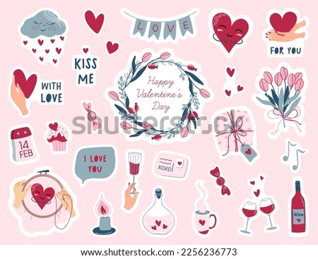Valentine's day cute sticker pack. Wedding and love concept. Minimalistic holiday's clip art. Hand drawn vector illustrations in flat style.
