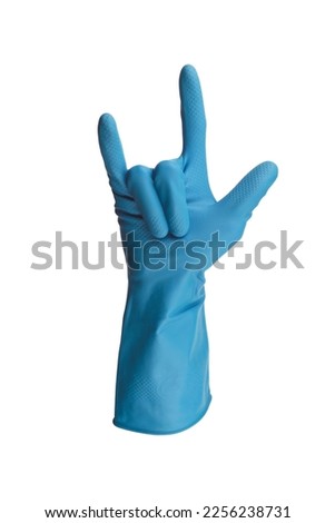 Cyan rubber gloves doing the rock sign isolated on white background