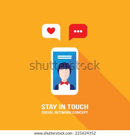 Smart phone mobile with avatar on its screen and speech bubbles. Communication, social network concept. Vector illustration