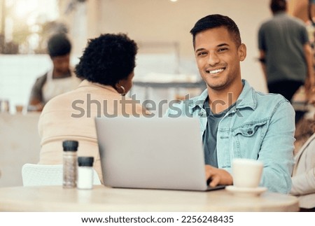 Happy man, portrait and laptop in cafe of remote work, planning freelance research or restaurant. Guy smile in coffee shop on computer technology, internet and blogging online for social networking Royalty-Free Stock Photo #2256248435