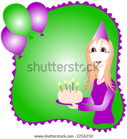 Girl holding a birthday cake graphic. Illustration is in easily editable and scalable vector format.