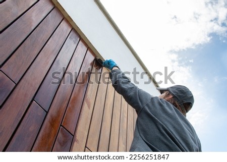 Staining the wood facade cladding with paint brush and protective oil, stain, house improvement copy space, looking up perspective angle Royalty-Free Stock Photo #2256251847