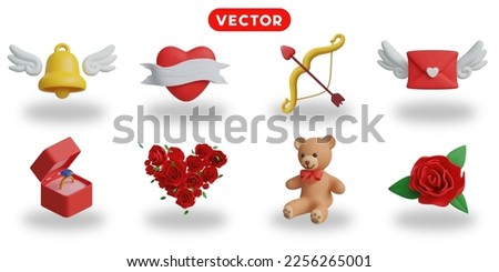 3d rendering. Valentine's Day icons set on a white background winged bell, heart tag,  bow, winged letter, wedding ring box, heart-shaped bouquet, teddy bear, rose.
