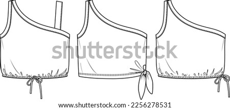 Vector crop top fashion CAD, woman one shoulder sleeveless t shirt technical drawing, slim fit with shoulder strap crop blouse template, sketch, flat. Jersey  fabric top with front, back view, white Royalty-Free Stock Photo #2256278531