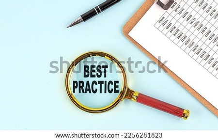 BEST PRACTICE text on a magnifier with clipboard on blue background