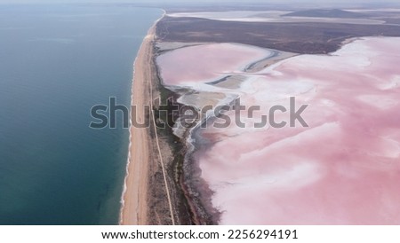 Sea and pink lake from dron fly photo