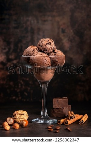 Food photography of chocolate ice cream, hazelnut, walnut, cinnamon, coffee, frozen, cool, scoop, glass