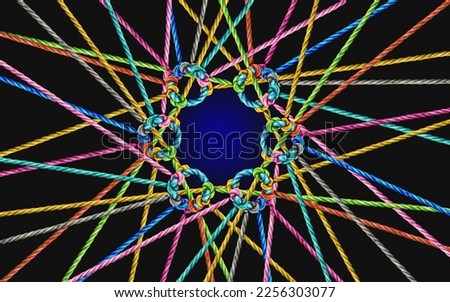 Collective Unity and Group cohesion concept and teamwork as a business metaphor for joining a team as diverse groups of ropes connected together as a corporate symbol for cooperation. Royalty-Free Stock Photo #2256303077