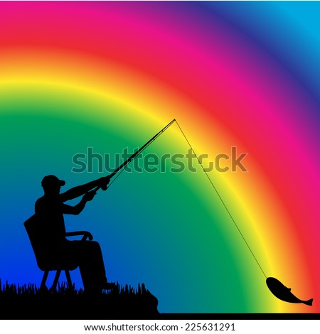 Vector silhouettes of fishermen at the pond and rainbows.