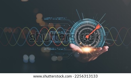 businessman hand and arrow icon hitting center of dartboard target,Setting business goals and focused concepts, Organizational growth and objectives, marketing strategy planning	 Royalty-Free Stock Photo #2256313133