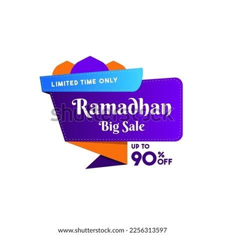 Ramadan Sale, offer up to 90% off. Isolated on ribbon on white background. Limited time only.