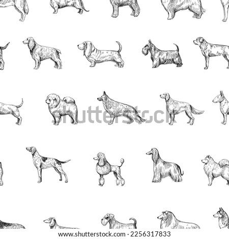 Dog breed set, seamless pattern design, hand drawn vector illustration, black sgape on transparent background 