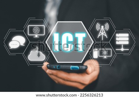 Information and Communications Technology (ICT) concept, Person using smart phone with ICT icon on virtual screen, Global technology, internet, wifi.