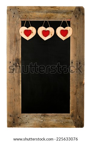 Happy Valentine's Day Love Chalkboard restaurant menu board reclaimed pallet wooden frame and hearts, isolated on white with copy space