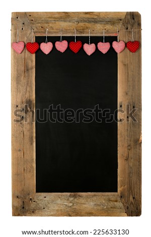 Happy Valentine's Day Love Chalkboard restaurant menu board reclaimed pallet wooden frame and hearts, isolated on white with copy space