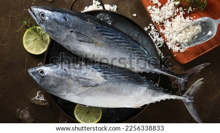 Tuna fish and decorated on the table, top view. Royalty-Free Stock Photo #2256338833