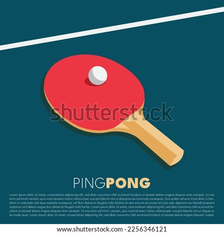 Table Tennis (Ping Pong) Illustration with Red Racket on Blue Background and White Fake Text. Copy Space, Ad, Flyer and Poster Concept. Editable Vector EPS