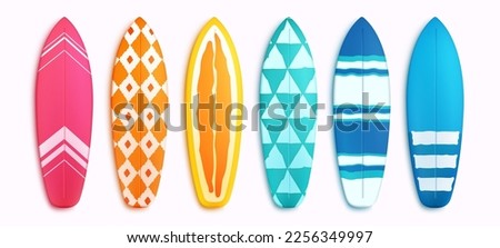 Surfing board vector set. Surfboard summer elements in colorful pattern design isolated in white background. Vector illustration summer surfing board elements collection.
 Royalty-Free Stock Photo #2256349997