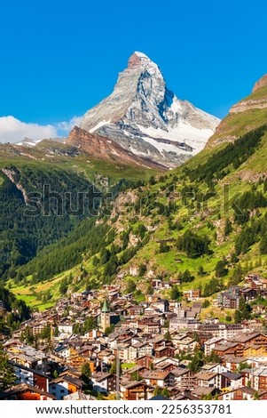 Zermatt town and Matterhorn mountain aerial panoramic view in the Valais canton of Switzerland Royalty-Free Stock Photo #2256353781