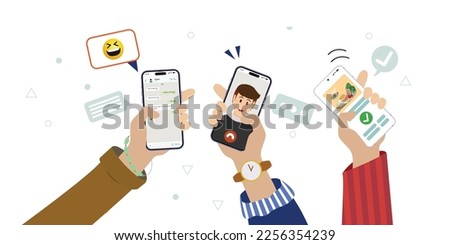 Youngsters use smartphones with mobile apps for surfing social media and ordering food. Boys and girls chatting, watching videos, video talk and ordering dessert. Vector Illustration.