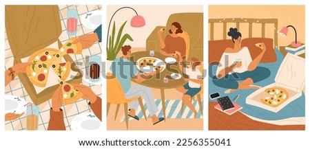 People eating pizza vector scene isolated set