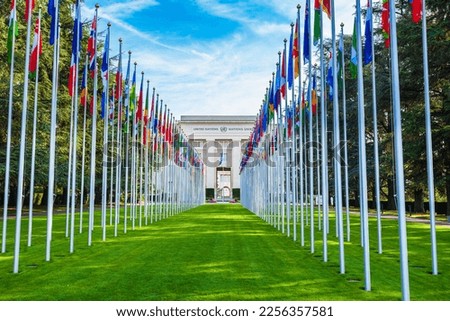 United Nations Office Geneva or UNOG is located in the Palais des Nations building at Geneva city in Switzerland Royalty-Free Stock Photo #2256357581