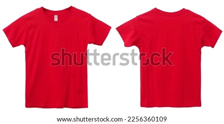Red kids t-shirt mock up, front and back view, isolated. Plain red shirt mockup. Tshirt design template. Blank tee for print Royalty-Free Stock Photo #2256360109