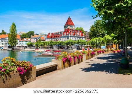 Geneva lake promenade near the Chateau Ouchy Castle, an old medieval castle in Lausanne city in Switzerland Royalty-Free Stock Photo #2256362975