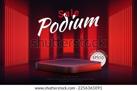 Square podium with red neon light on the way background, backdrop for display product on sale. Vector illustration