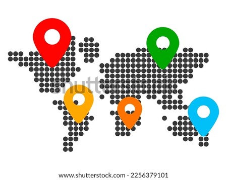 Map with location pointers, continents with countries and geotag. Connection and international communication worldwide. Delivery in different country. Geolocation signs, navigation gps locator