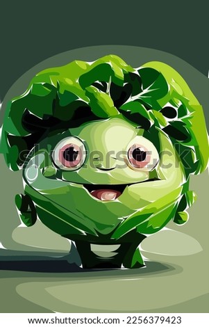 Cute Adorable Lettuce Big Eyes Smiling Face Abstract Digital Illustrations