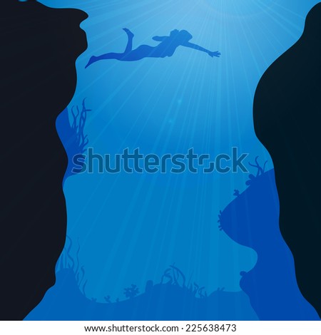 Vector silhouette of divers under the sea.