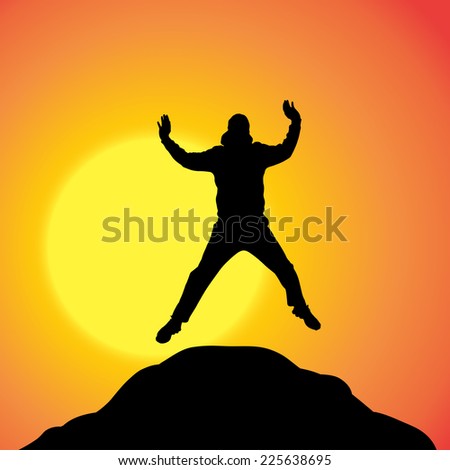 Vector silhouette of a man in nature at sunset.