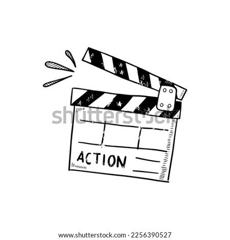 Movie clapperboard doodle icon. The board clap to start the video clip scene.