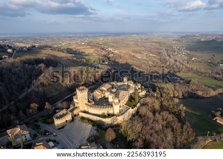 Vigoleno, Italy - 30 January 2023 drone aerial view of Vigoleno castle , fortress and village scenic panorama in Parma hills, Emilia Romagna , Italy.