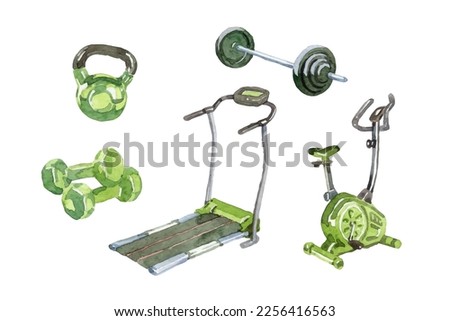Watercolor hand drawn gym equipment collection