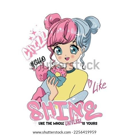 Anime Girl illustration with slogan. Vector graphic design for t-shirt. Royalty-Free Stock Photo #2256419959