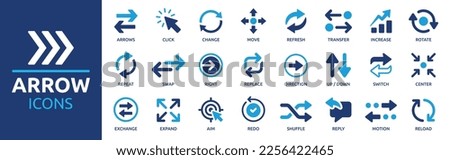 Arrow icon set. Containing cursor arrow, change, transfer, switch, swap, exchange, up, down and refresh symbol icons. Solid icon collection. Royalty-Free Stock Photo #2256422465