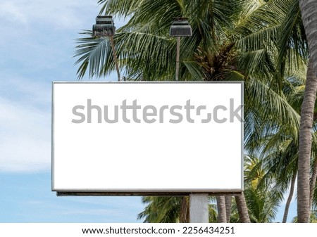 Outdoor pole billboard on coconut tree and blue sky background with mock up white screen and clipping path 