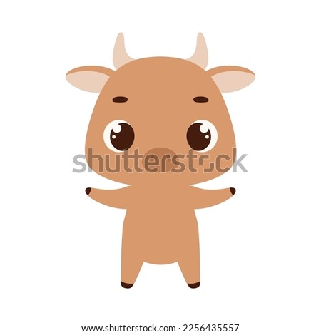 Cute little bull on white background. Cartoon animal character for kids cards, baby shower, invitation, poster, t-shirt composition, house interior. Vector stock illustration
