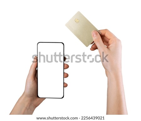 Mobile phone mockup for bank app. Hands holding smartphone screen mock-up, paying online with credit debit card, shopping online. High quality photo